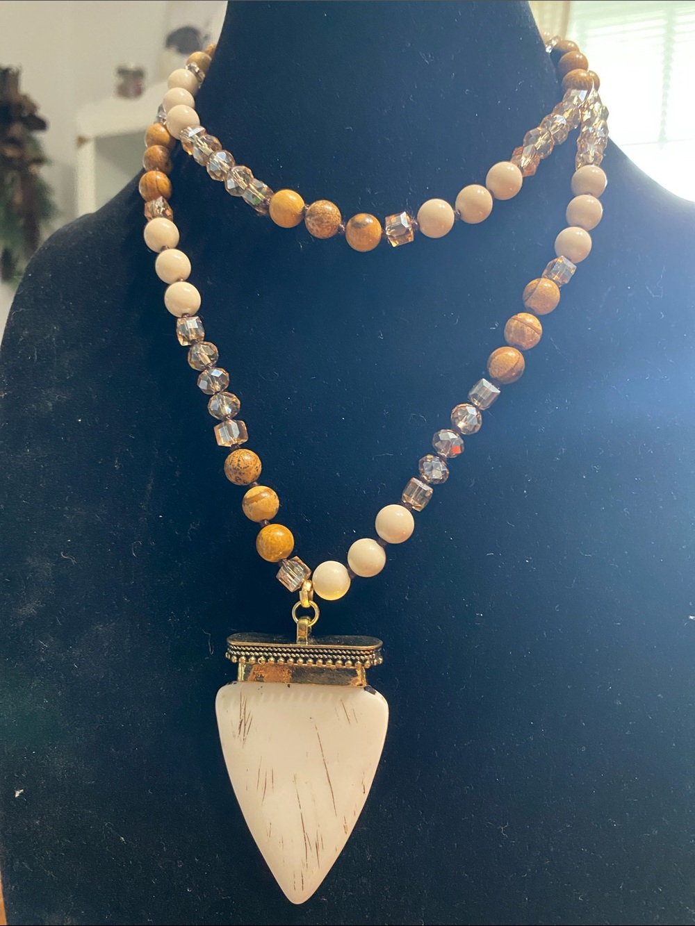 Crystal Beaded White and Tan Statement Pendant Necklace